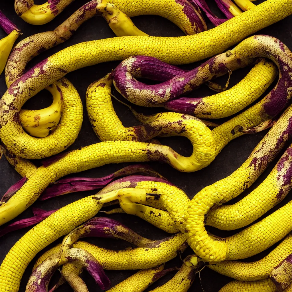 Image similar to snake banana in the shape of colorful corncob, closeup, hyper real, food photography, high quality