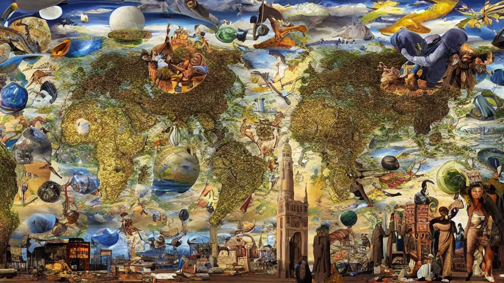 Image similar to surreal map of world cultures in the styles of igor morski, jim warren, and rob gonsalves, intricate, robinson projection, accurate geography, volumetric lighting, serene, imaginative