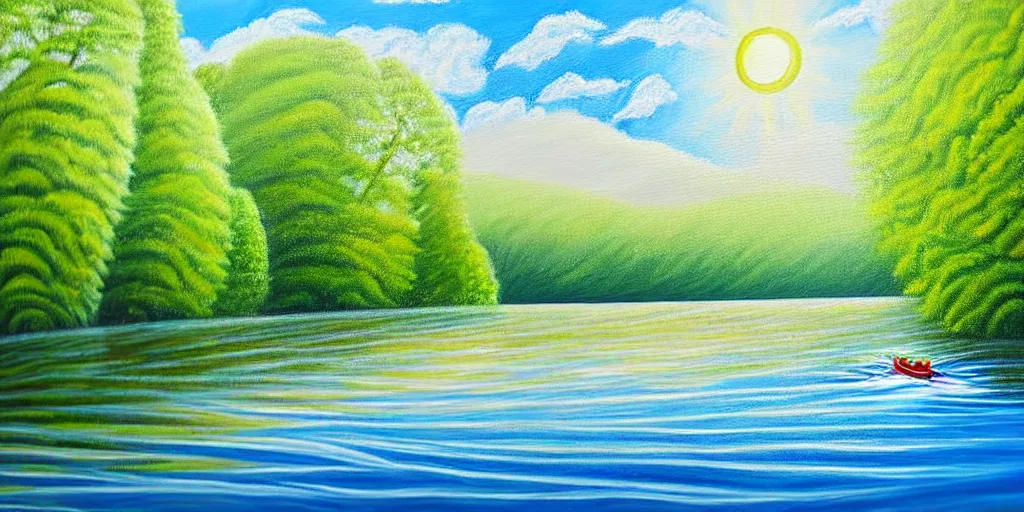 Image similar to A very detailed painting featuring a river in Europe surrounded by trees and fields. A rubber dinghy is slowly moving through the water. Sun is shining. minimalist painting