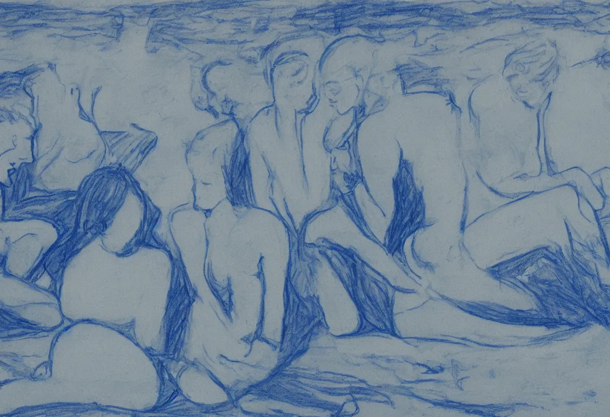 Image similar to a blue drawing of 3 maria's in a landscape crying