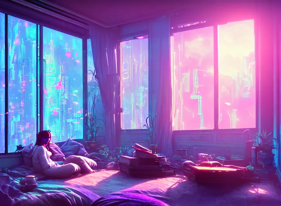 Image similar to telephoto photograph depicting the experience of acceptance in a cosy cluttered french sci - fi ( art nouveau ) cyberpunk apartment in a pastel dreamstate art cinema style. ( iridescent terrarium!, computer screens, window ( city ), leds, lamp, ( ( ( terrarium bed ) ) ) ), ambient light.