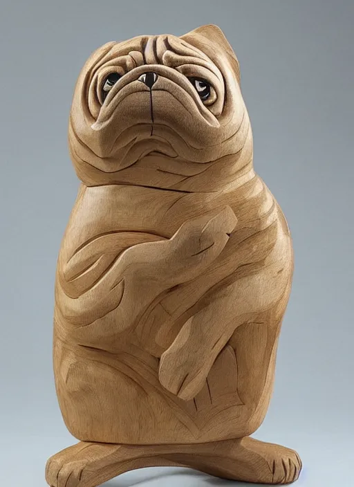 Image similar to wood carving of a pug squaring up to a large tabby cat