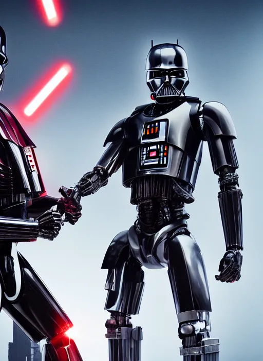 Image similar to Film poster, RoboCop VS Darth Vader, faces look at each other, detailed and realistic, 4k, filmic render