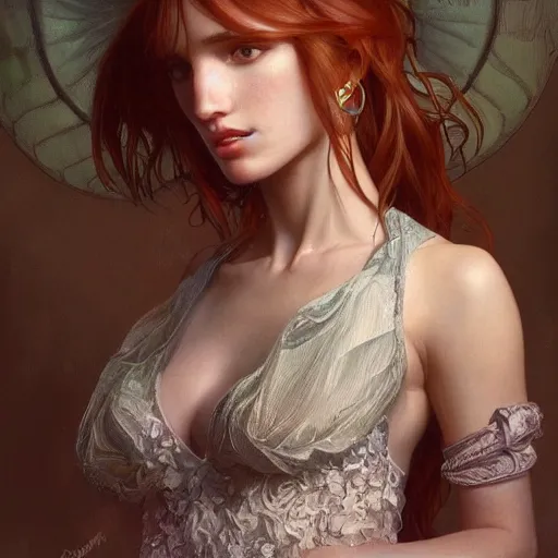 Image similar to ultra realistic illustration, bella thorne as thirty year old lady, intricate, elegant, highly detailed, digital painting, artstation, concept art, smooth, sharp focus, illustration, art by artgerm and greg rutkowski and alphonse mucha