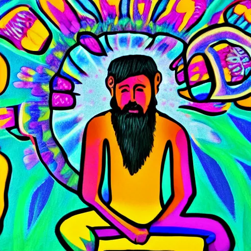 Prompt: guy sitting in an empy class. school. psychedelic style. painting.