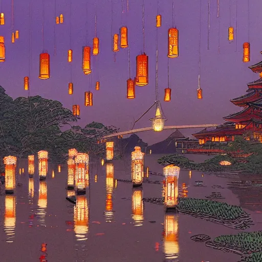 Prompt: concept art, river lanterns on the eve of ullambana festival, high resolution, by james gurney, katsushika hokusai, fujishima takeji, hiroshi yoshida, artstation