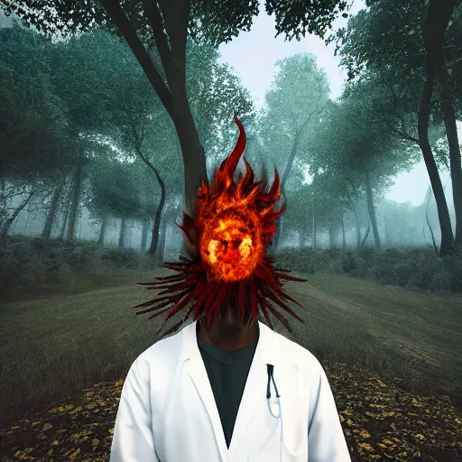 Prompt: An album cover, fire, mask, stethoscope, 3d render, ((robot)), (unreal engine), ((rust)), photograph, portrait, painting, ((trees)), ((forest))