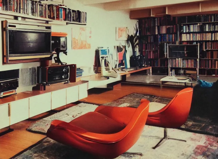 Prompt: retro futuristic apartment, 7 0 s hi fi system, funky furniture, modern art, beeple, rembrandt, cgisociety