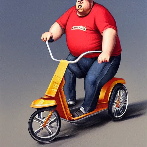 Image similar to hyper realistic obese steve buscemi riding a tiny tricycle, painted by greg rutkowski, wlop, artgerm