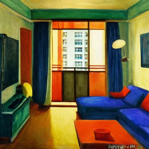 Image similar to a singaporean hdb flat, by edward hopper