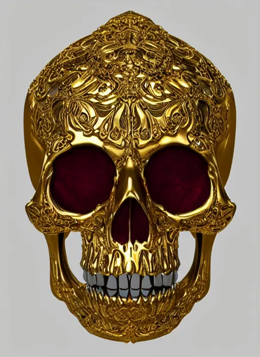 Prompt: ornate gothic gold skull realistic 3 d covered in rubies