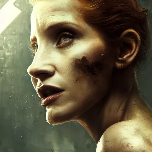 Image similar to jessica chastain portrait, dystopia core, apocalyptic, armor, warrior, dramatic, sharp focus, fiction, neon, fantasy, hyper detailed, digital art, trending in artstation, cinematic lighting, studio quality, smooth render, unreal engine 5 rendered, octane rendered, art style and nixeu and wlop and krenz cushart