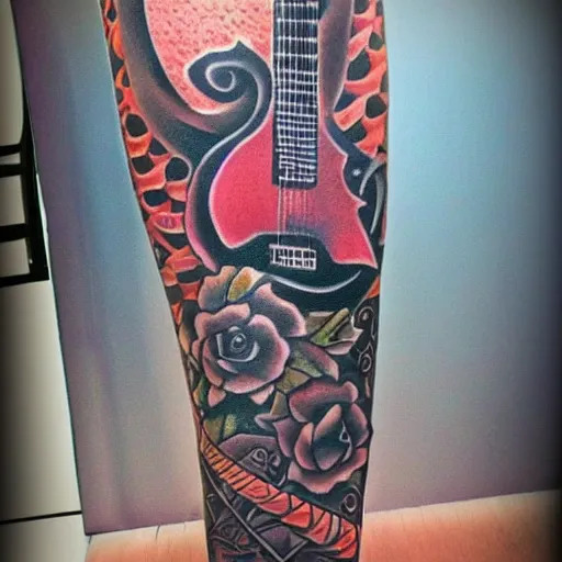 Image similar to Shark and guitar, roses and coins on the background, design in the Maori style for a tattoo