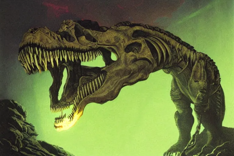 Prompt: screaming t - rex skull made of neon light volumetric lighting, by caspar david friedrich and wayne barlowe and ted nasmith