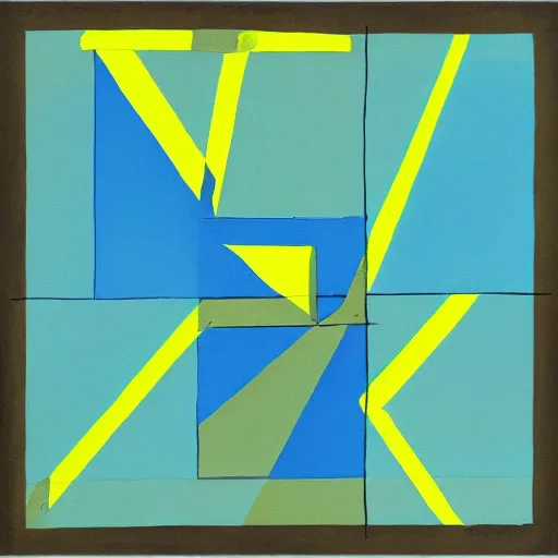 Image similar to painting, four rectangle and one triangle shapes, in blue, in yellow, in green, divided by black lines