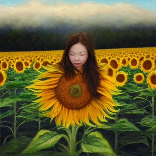 Image similar to a girl smelling one of sunflowers in an amazing tall sunflower field, hair flowing, fog, early morning lightning, subtle, intricate details, real masterpiece, oil on canvas, by somsak anong