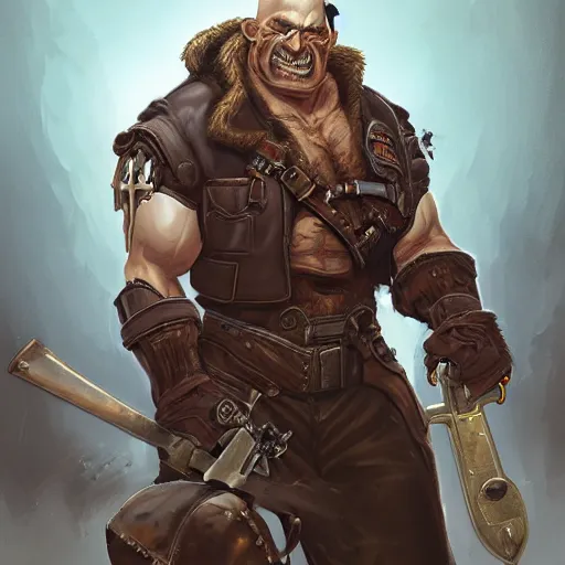 Prompt: portrait of a muscular, grim, bald orc mechanic, wearing a heavy brown leather coat, wielding a wrench, steampunk setting, gears, airship on the background, dramatic lighting, high detail, digital art by Rossdraws
