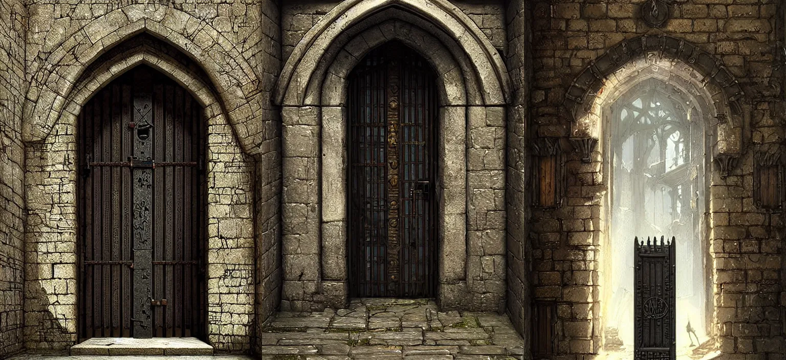 Prompt: medieval door with black steel bars, stephen bliss, unreal engine, fantasy art by greg rutkowski, loish, detailed and intricate environment