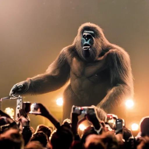 Prompt: King Kong performs with Arctic Monkeys on stage, 4k, music festival, epic, photo