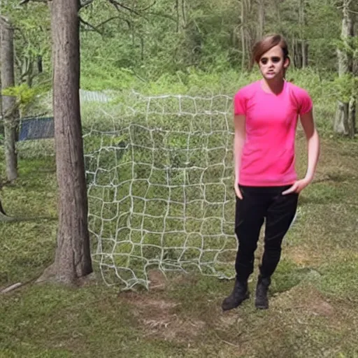 Image similar to trailcam footage of emma watson with a tactical net