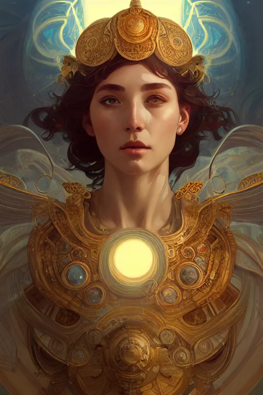 Prompt: portrait goddess athena, in ruined Agora of Athens Sunrise, ssci-fi and fantasy, intricate and very beautiful and elegant, highly detailed, digital painting, artstation, concept art, smooth and sharp focus, illustration, art by tian zi and WLOP and alphonse mucha