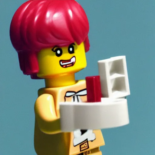 Image similar to slice of life anime, a lego figure having a sandwich, happy