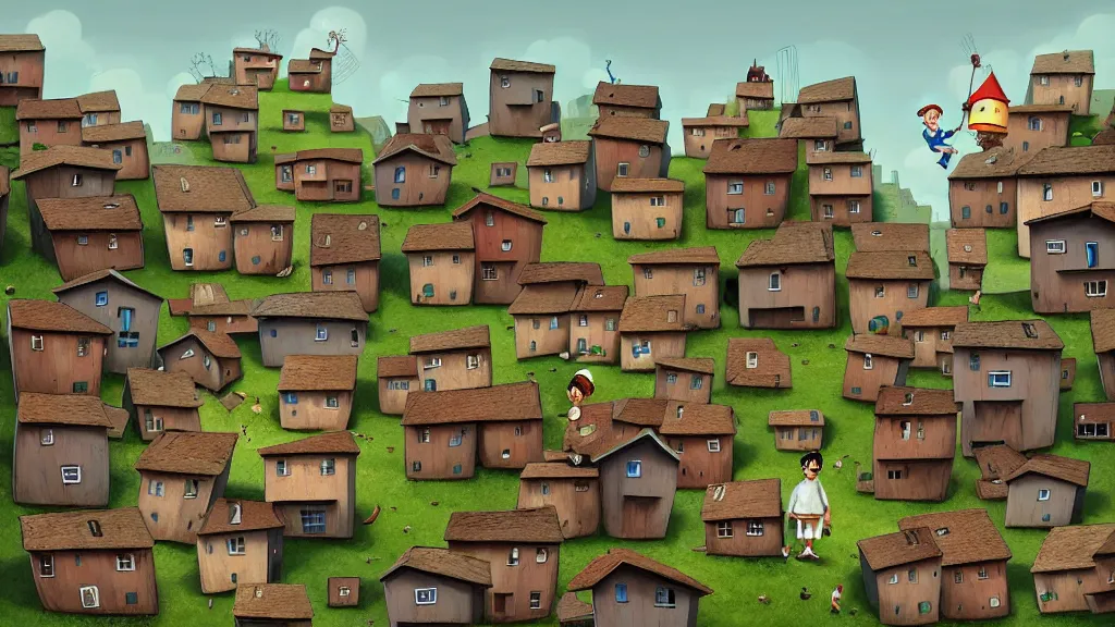 Image similar to illustration cartoon el chavo del ocho cute low - income housing complex village, funny gediminas pranckevicius by roberto gomez bolanos