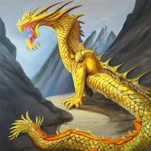 Prompt: beautiful oil painting of a dragon guarding a cave in mountain