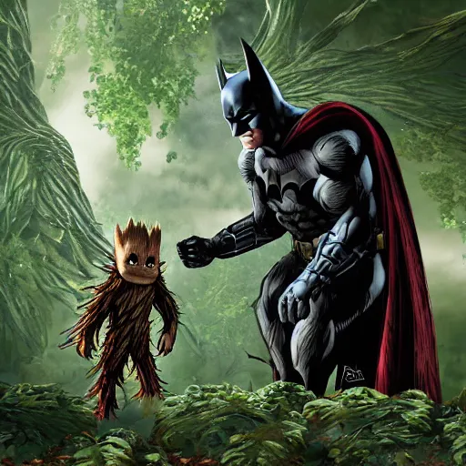 Image similar to batman meets groot in the woods digital art 4 k detailed super realistic