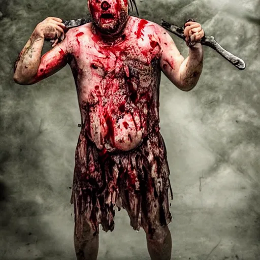 Image similar to big butcher man posing scarily, scary angry pose, covered in blood, fresh kill, cleaver, earie setting, in a cave, horror, hyperdetailed