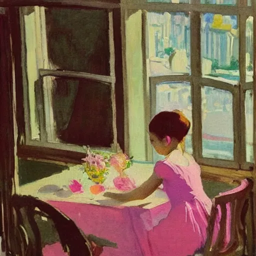 Prompt: a girl in a pink dress with folded hands on a table with iphones on a table sits at a table in a sunny room and looks at the camera, the window is open, by valentin serov