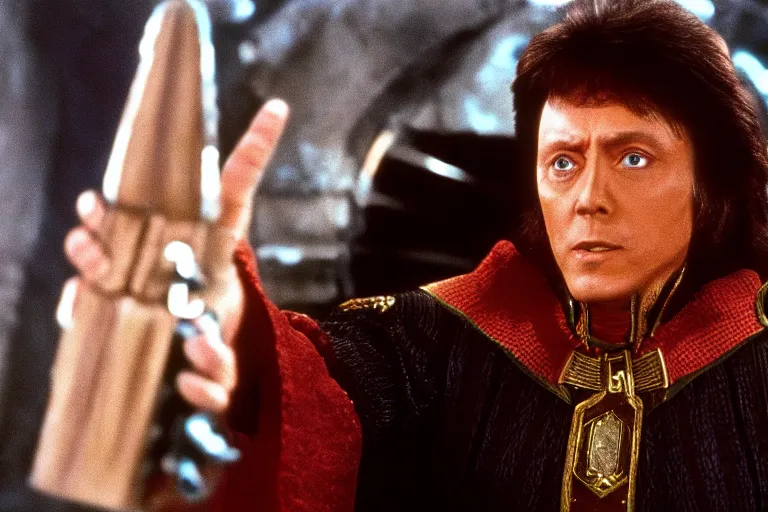 Prompt: film still of Christopher Walken as Khan Noonien Singh in The Wrath of Khan, 4k