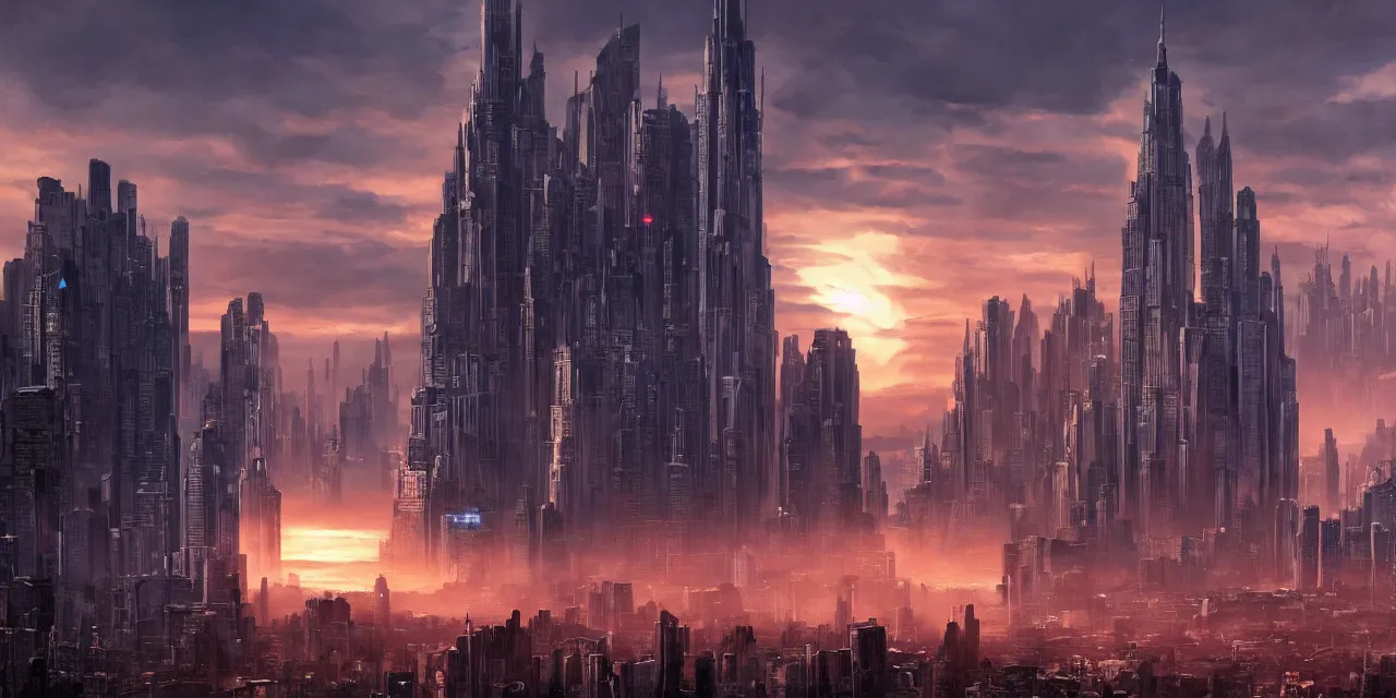 Image similar to sifi - ci city sunset, new york, matte painting with high detail, ground level, sci - fi star wars megacity with dramatic lighting and dramatic sky, 4 k, cinematic cinematography.
