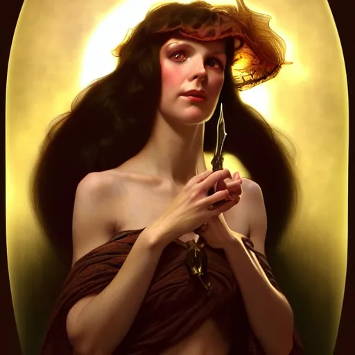 Image similar to a portrait of a gelfling, dark fantasy, medium shot, intricate, elegant, highly detailed, digital painting, volumetric light, artstation, concept art, smooth, sharp focus, illustration, art by Gil Elvgren and Greg Rutkowski and Alphonse Mucha