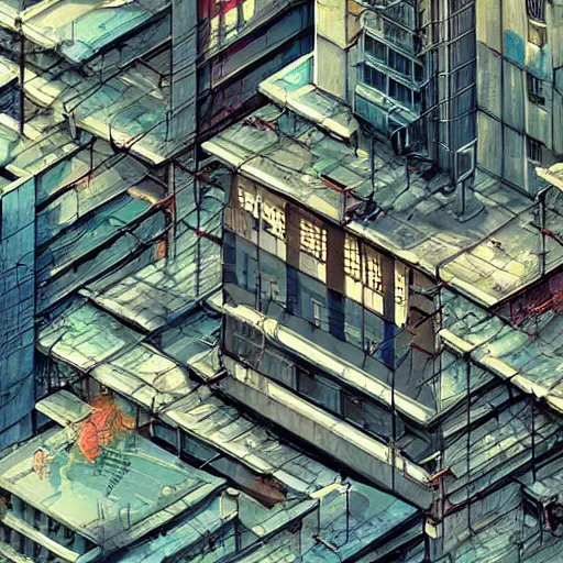 Image similar to Post-apocalyptic Cybercity. Aerial view. Isometric. detailed textured illustration by Moebius and Marc Simonetti. cluttered building apartments, electrical wires madness, grainy textures Vray, Depth of field