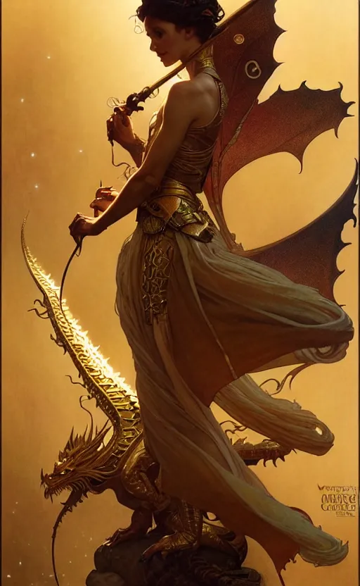 Image similar to magic gold dragon gorgeous lighting by weta studio, mucha, bautista and norman rockwell and greg rutkowski and tom bagshaw and james gurney and lucasfilm