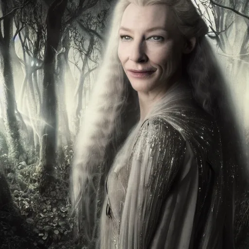 Prompt: portrait of ((mischievous)), baleful young, (dark eyed) smiling (Cate Blanchett) as Galadriel as a queen of fairies, dressed in a beautiful silver dress. The background is a dark, creepy eastern europen forrest. night, horroristic shadows, high contrasts, lumnious, photorealistic, dreamlike, (mist filters), theatrical, character concept art by ruan jia, John Anster Fitzgerald, thomas kinkade, and J.Dickenson, trending on Artstation
