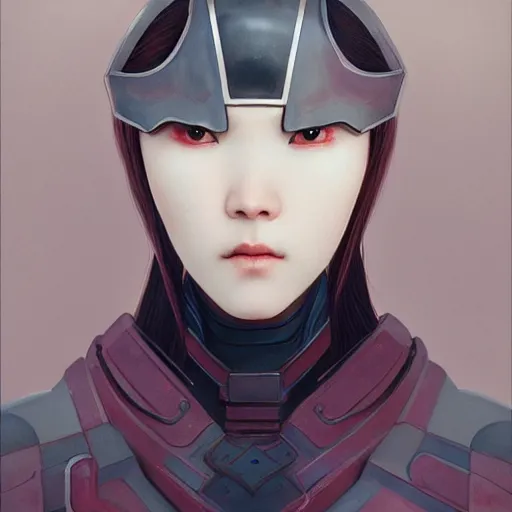 Image similar to portrait girl with armor in style of ghost blade by hsiao ron cheng, tetsuya ichida, tsutomu nihei, moebius, exquisite detail, extremely moody lighting, 8 k, art nouveau, old chines painting,