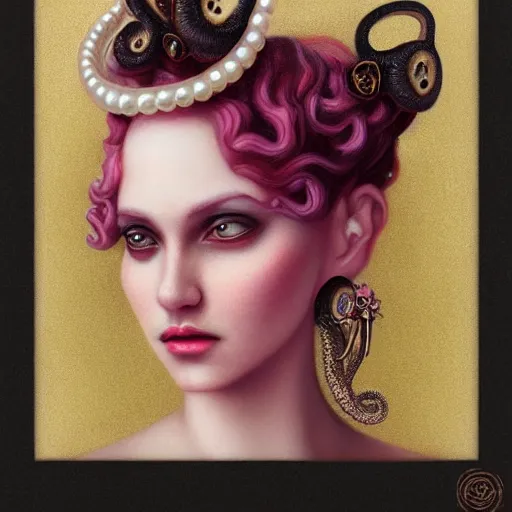 Image similar to queen of octopus with pearls embedded, portrait, pink and gold, nouveau, beautiful, by Anato Finnstark, Tom Bagshaw, Brom