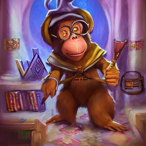 Prompt: Magic the gathering artwork of Anthropomorphized monkey shopkeeper in his shop, shelves full, selling a gem, portrait, items, magic potions, specimens in glasses, carpet, window, fancy funny hat, sly expression , cunning expression, cute expression, presenting magic gem, D&D, fantasy, cinematic lighting, highly detailed, digital painting, artstation, concept art, smooth, sharp focus, illustration, warm light, cozy warm tint, magic the gathering artwork, volumetric lighting, 8k, no gold, no gold colours, art by Akihiko Yoshida and Greg Rutkowski