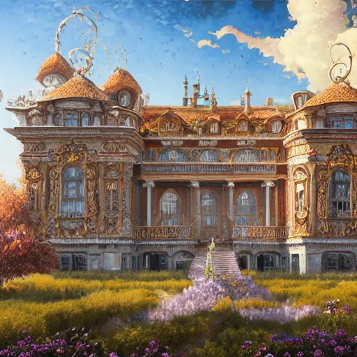 Image similar to A beautiful ultradetailed anime illustration of rococo palace with falling petals,by Fabio Listrani,johfra bosschart, Greg Rutkowski and Peter Mohrbacher,4k art, Ultra wide angle,hyper real, trending on artstation