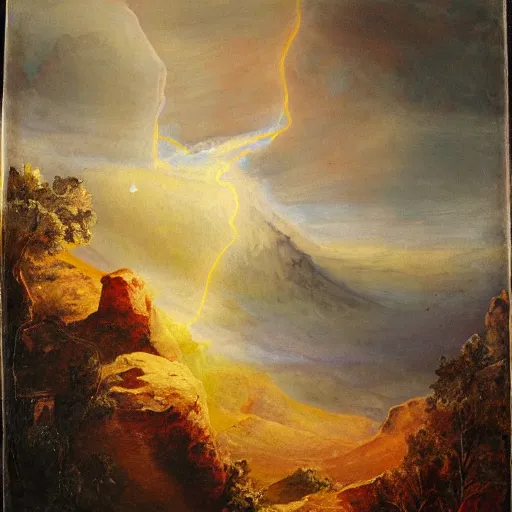 Image similar to an incomprehensible and invisible god at the top of a far off mountain, painting