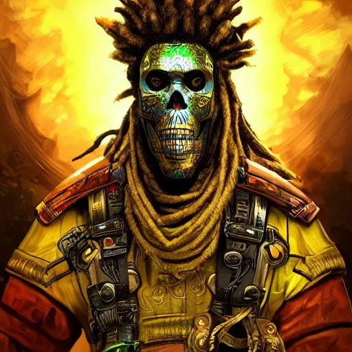 Image similar to a golden skull face monkey warrior with dreadlocks and emeralds in his forehead, Apex Legends character digital illustration portrait design, by android jones, detailed, cinematic lighting, wide angle action dynamic portrait