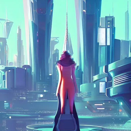 Image similar to ' \ n \ na futuristic looking cityscape with a woman standing on top, cyberpunk art by james gilleard, cgsociety, retrofuturism, retrofuturism'