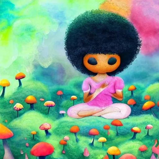 Image similar to a black girl with a colorful afro and big beautiful eyes meditating in a mushroom garden, bokeh, bright colours, watercolor, volumetric wool felting, macro photography, children illustration, by goro fujita