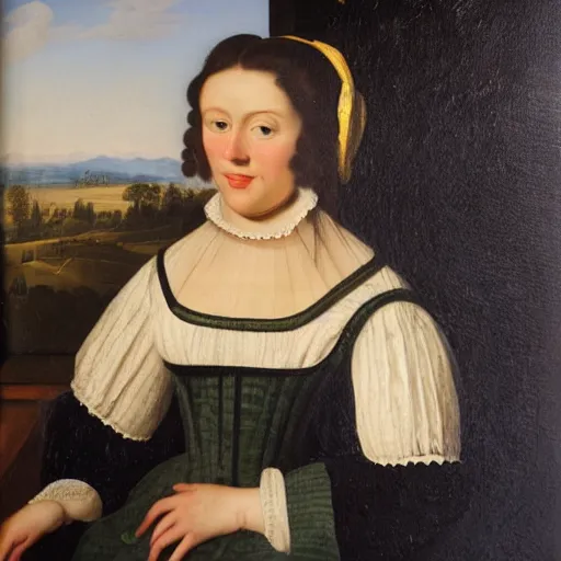 Image similar to young woman from the year 1 5 0 0, seated in front of a landscape background, her black hair is fine curly, she wears a dark green dress pleated in the front with yellow sleeves, puts her right hand on her left hand and smiles slightly, oil painting