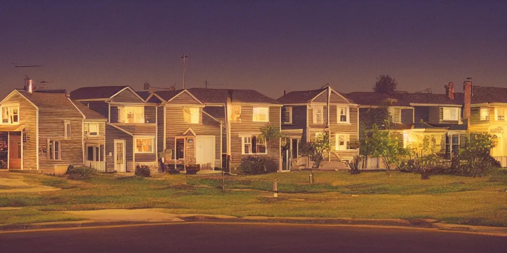 Image similar to small suburban houses in America at night by Wes Anderson, fantasy, imagination, cinematic