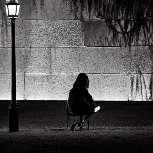 Prompt: a girl reading a book, city park, street lighting, by Emmanuel Lubezki