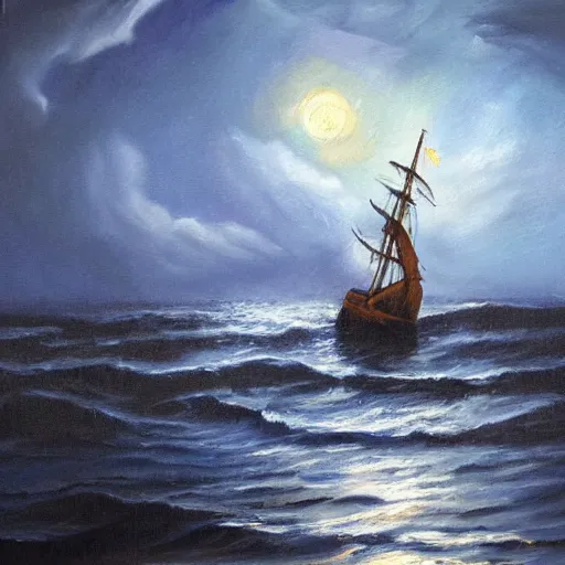 Image similar to a wooden ship in a storm in the ocean, full moon, blue light, oil painting