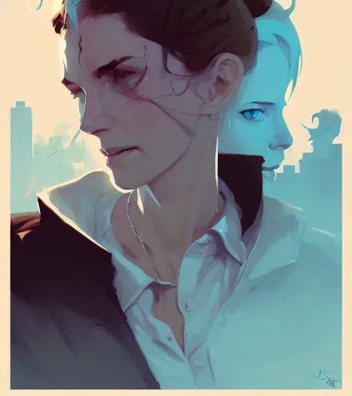 Image similar to portrait of a female john constantine demons around her by atey ghailan, by greg rutkowski, by greg tocchini, by james gilleard, by joe fenton, by kaethe butcher, dynamic lighting, gradient light blue, brown, blonde cream and white color scheme, grunge aesthetic